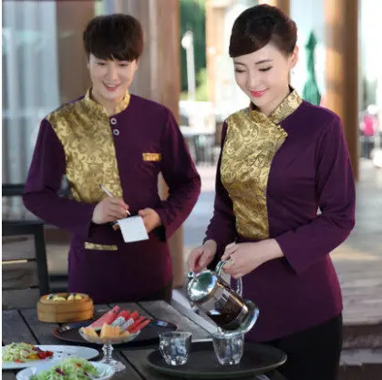 4 Colors 2018 Winter Waiter Waitress Workwear Coat Hotel Restaurant Cleaning Work Uniforms Unisex Long Sleeve Palms Print tops |