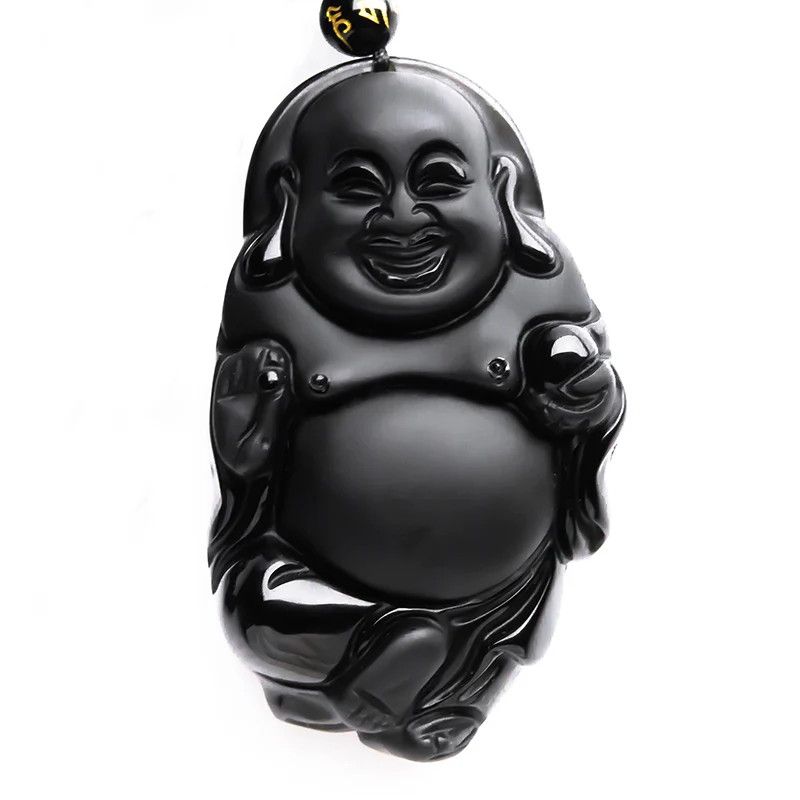 

Natural Black Obsidian Pendant Maitreya Standing Laughing Buddha Necklace Women Chinese Style Pendant With Lucky Chain For Men