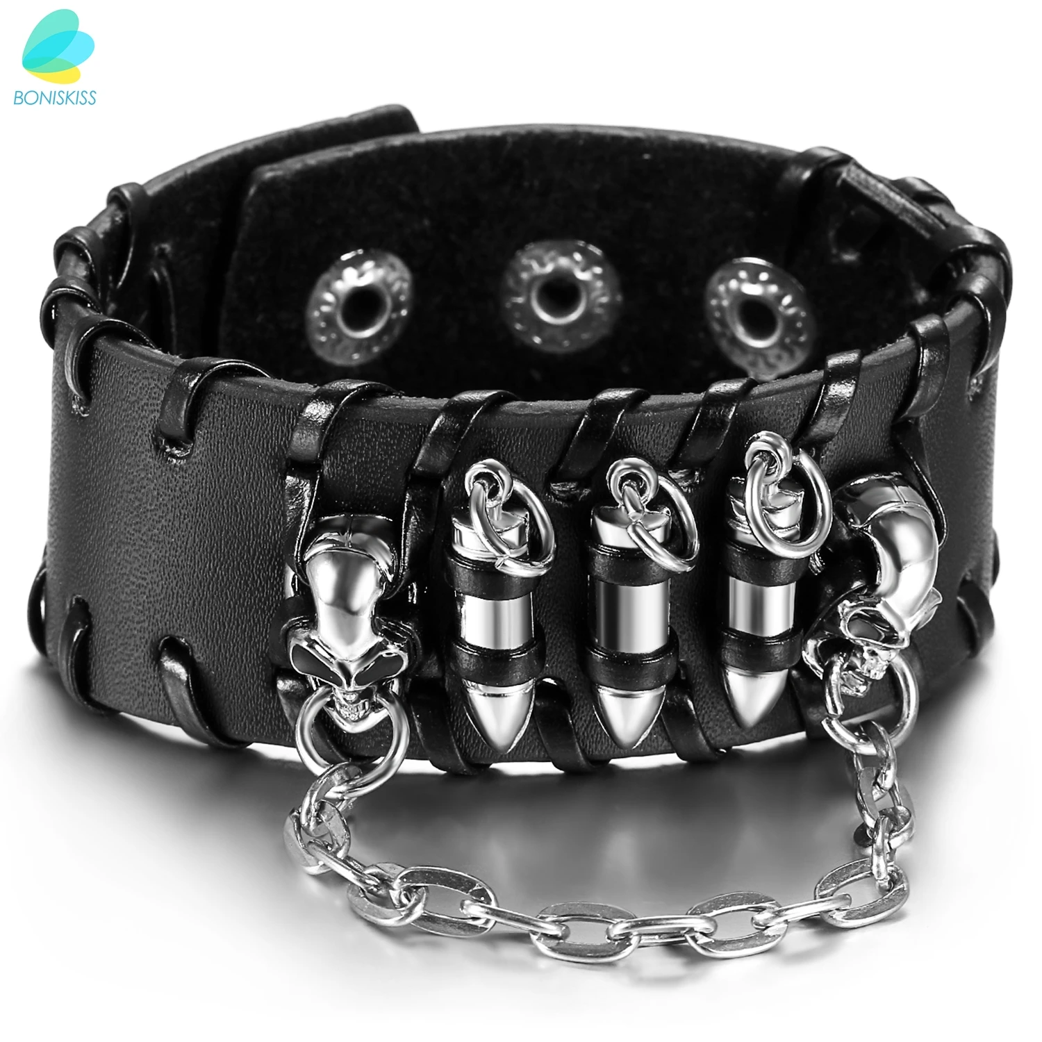 skull 2 BONISKISS косплэй панк искусственная кожа череп пуля Лев талисман дракон широкий браслет регулируемый 7,8" - Окраска металла: skull 2