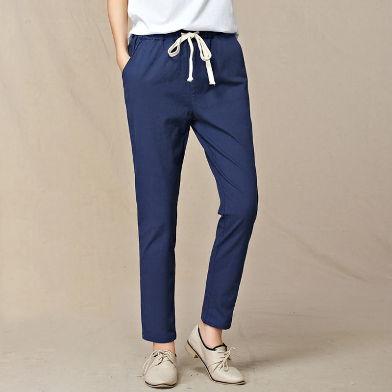 2019 осенние хлопковые льняные брюки для женщин с эластичной резинкой на талии