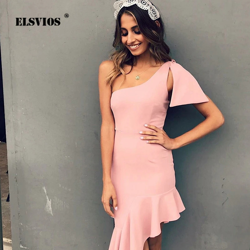 ELSVIOS/сексуальное летнее облегающее платье на одно плечо с бантом и шнуровкой 2019