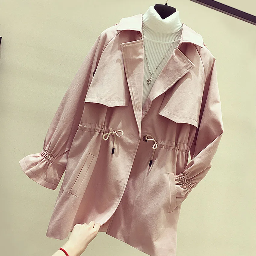 Fashion drawstring slim waist trench coat women turn down collar loose fit jacket 2019 autumn winter | Женская одежда