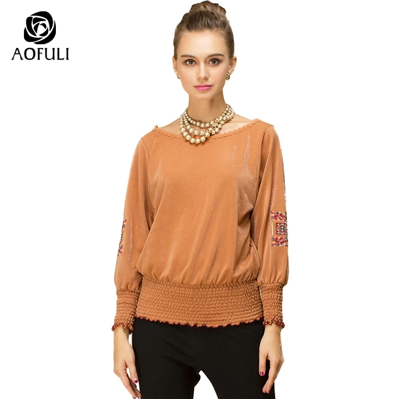 Блузка с длинным рукавом и вышивкой AOFULI B6369 L ~ 3xl 4xl 5xl|embroidered blouse|casual topstop floral |