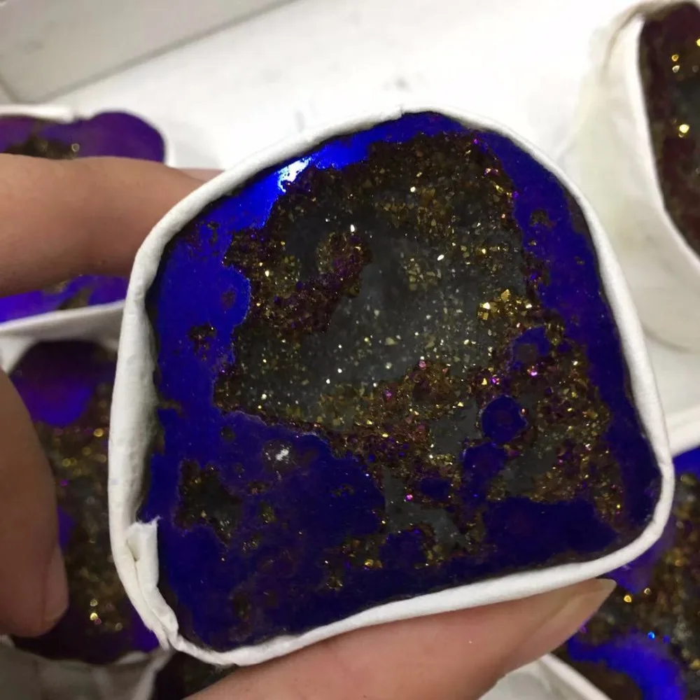 Натуральный агат Geode темно-синий друзовый кварц гальваническое покрытие кластер кристалл точки бразильские минералы образец вечерние украшения