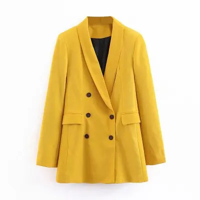 

women chic yellow blazer pockets double breasted long sleeve office wear coat solid female casual outerwear tops