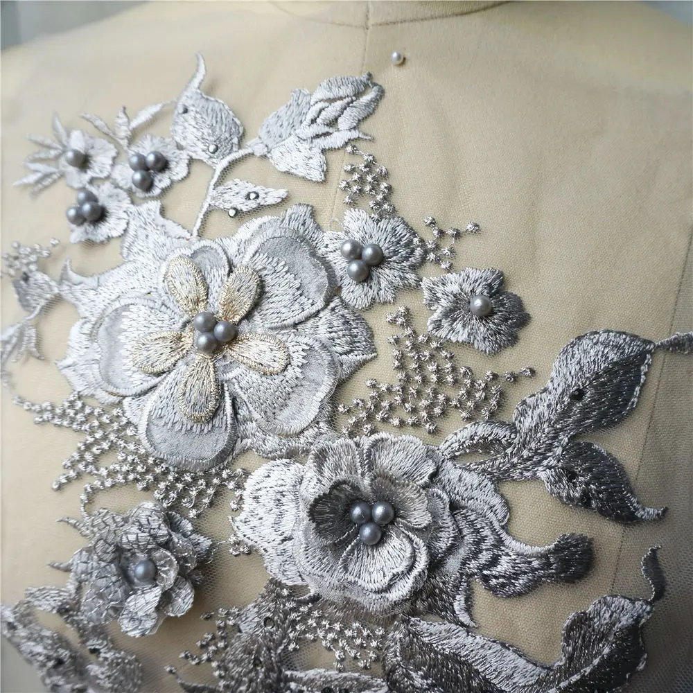 Серые 3D Цветочные бусины стразы аппликации вышитые украшения для свадебного