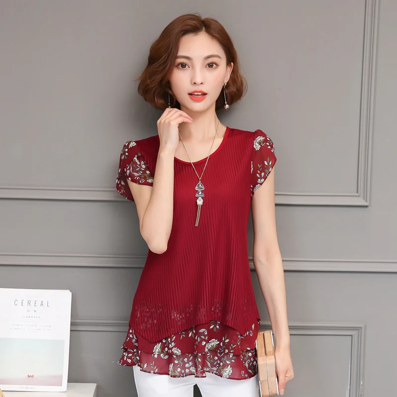 New Summer Women Short Sleeve Blouses Plus Size Korean Fashion O-Neck Chiffon Casual Shirts Print Patchwork Blouse XL-5XL Z20 |