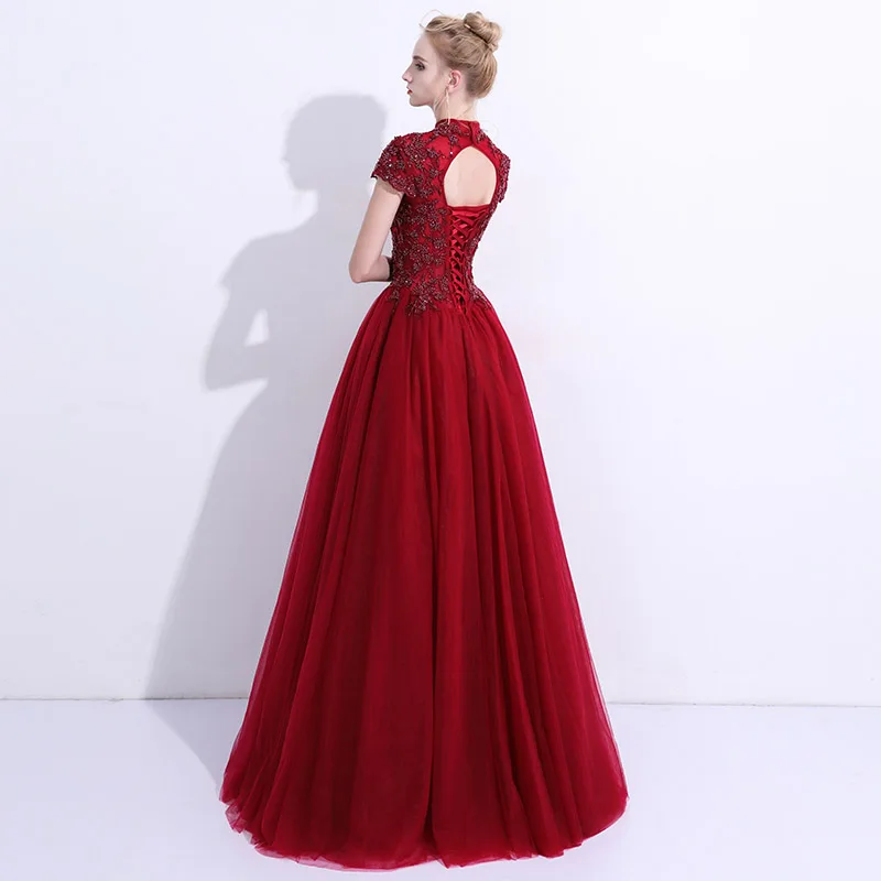SSYFashion New Huxury Beading Long Prom Dress Elegant Wine Red High-neck Floor-length Evening Party Formal Gown Robe De Soiree | Свадьбы и