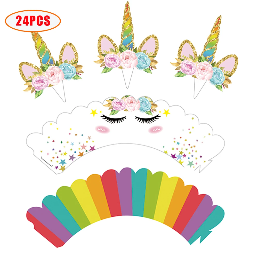 

24pcs Rainbow Unicorn Cake Wrappers Theme Birtdahy Party Cake Topper Baby Shower Wedding Cake Decorating Party Supplies