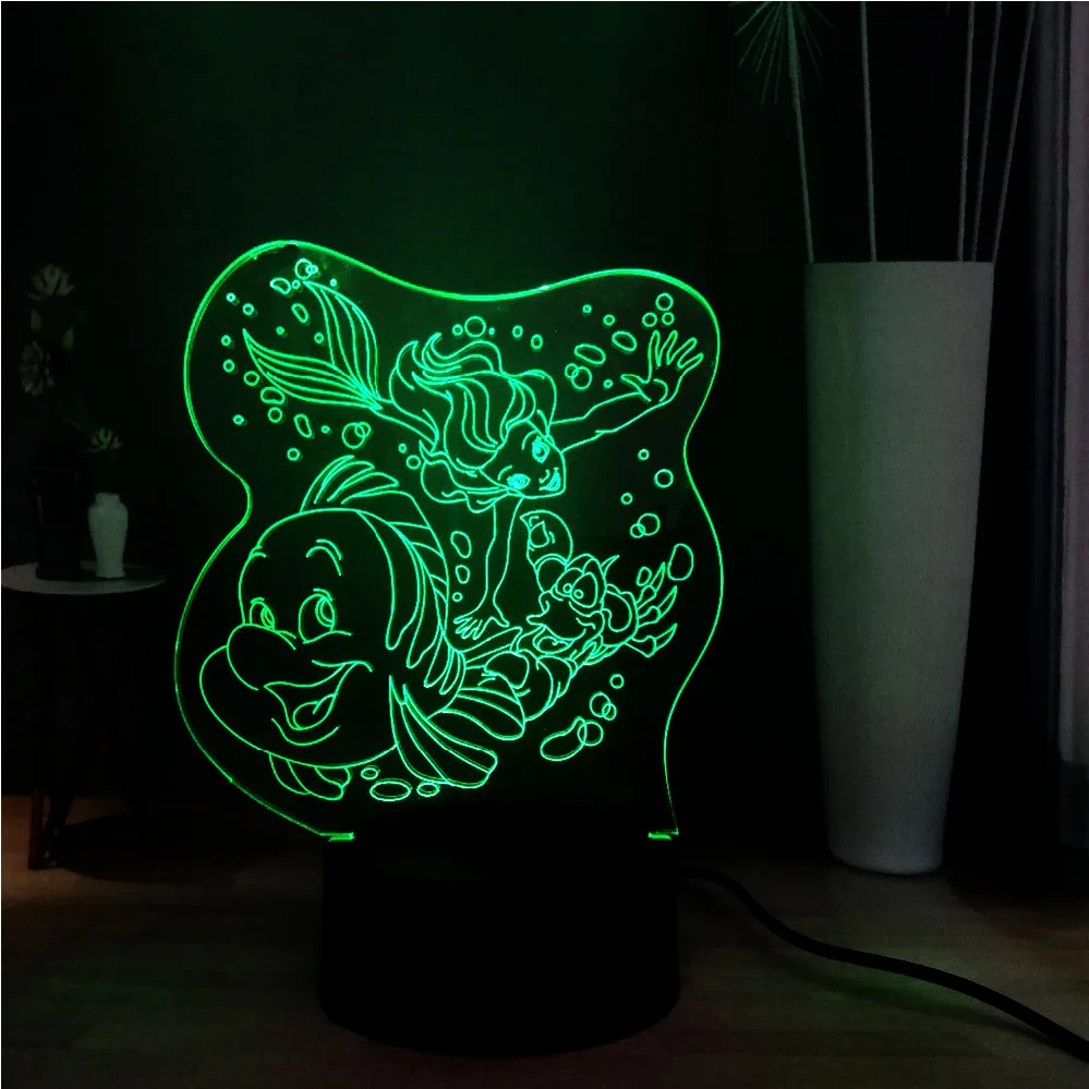 Новый 3D иллюзия мультфильм лампа Русалочка 7 цветов Изменение USB пульт