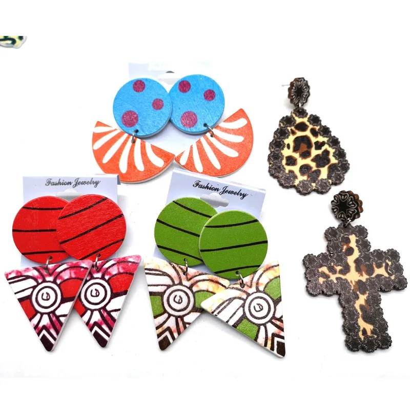 5 парт/Лот! Деревянные серьги капельки с рисунком смешанные 4