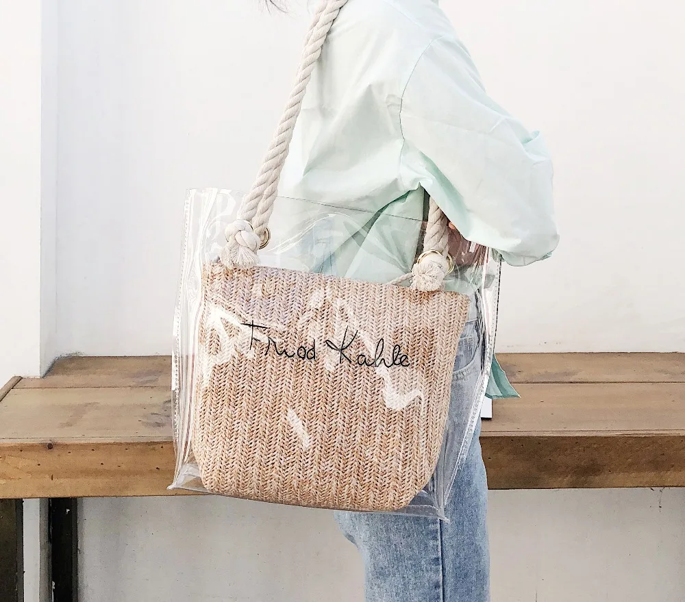 

2 PCS/SET Women Transparent Bag Shoulder Bags For Women 2019 Ladies Waterproof Handbag Summer Beach Straw Bag sac main femme
