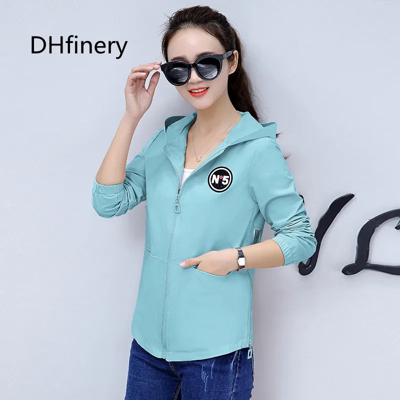 DHfinery casaco feminino Весна Осень Повседневная куртка на молнии с капюшоном для