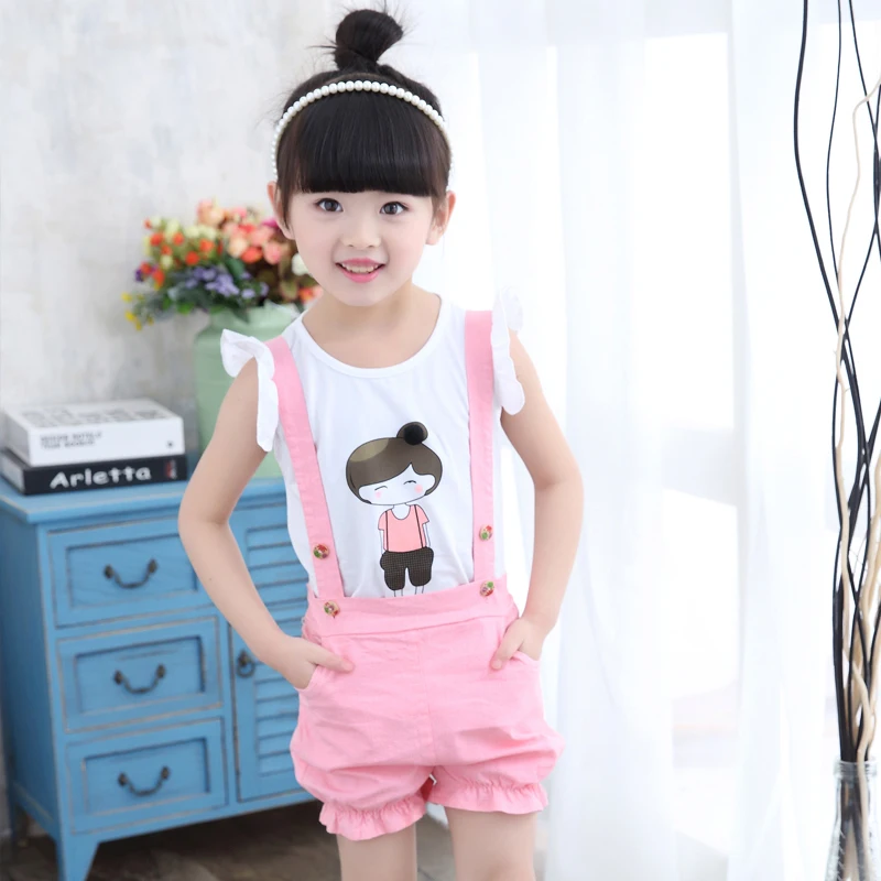 2018 Khaki Pink Girls Sets Cotton T-shirt + Overalls 2 Piece Set Child Clothes Costume Short Sleeves Girl Baby Kids Suits 5cs443 | Детская