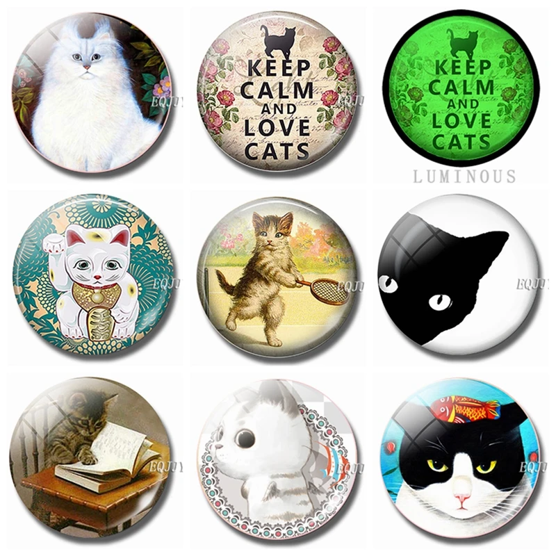 

30 MM Keep Clam and Love Cats Fridge Magnet Souvenir Cute kitten Glass Decorative Refrigerator Removable Magnetic Stickers Decor