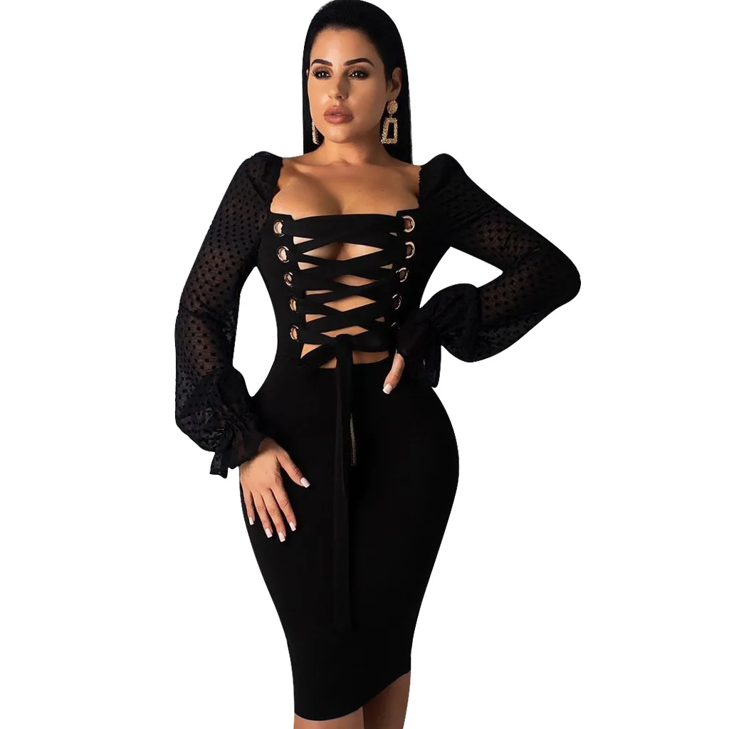 2019 Women Lace-up Sexy Hollow Out Long Sleeve Point Chiffon High Waist Bodycon Midi Dress Vintage England Style Dresses 6265 | Женская