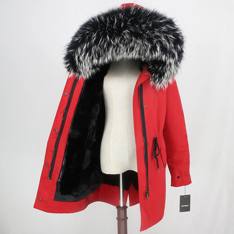 red black blackW OFTBUY, пальто из натурального меха норки, водонепроницаемая длинная парка, зимняя куртка для женщин, натуральный мех енота, капюшон, съемная верхняя одежда, Толстая теплая - Цвет: red black blackW