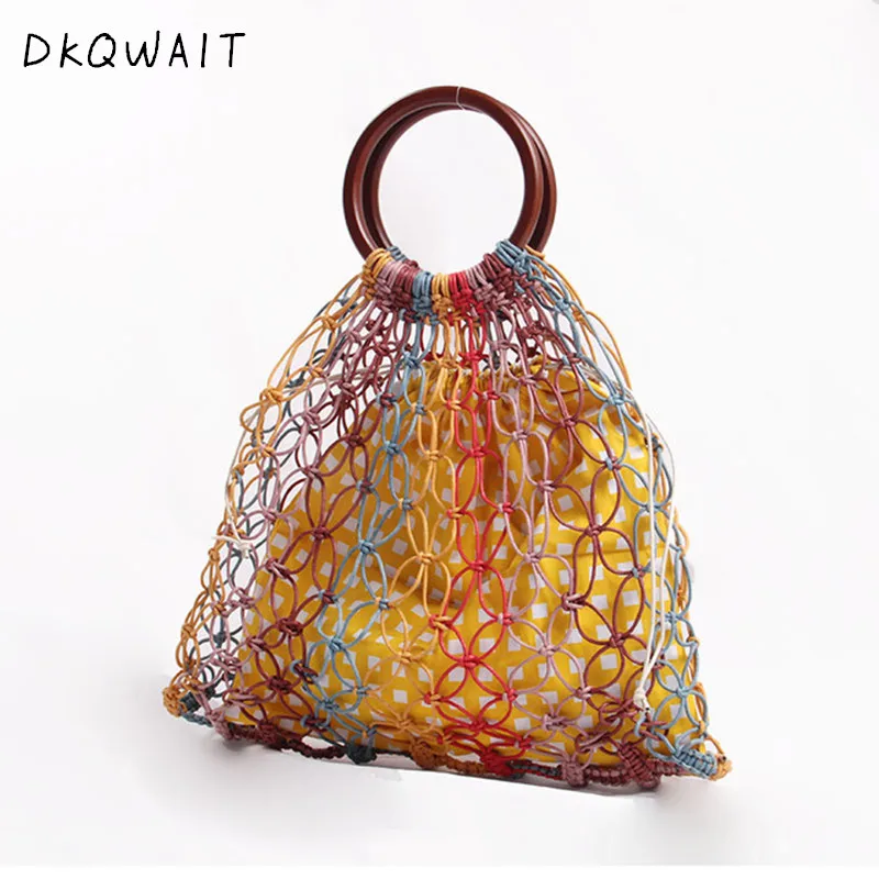2019 населения хлопчатобумажные веревку полые соломенная сумка Sheer макраме Tote