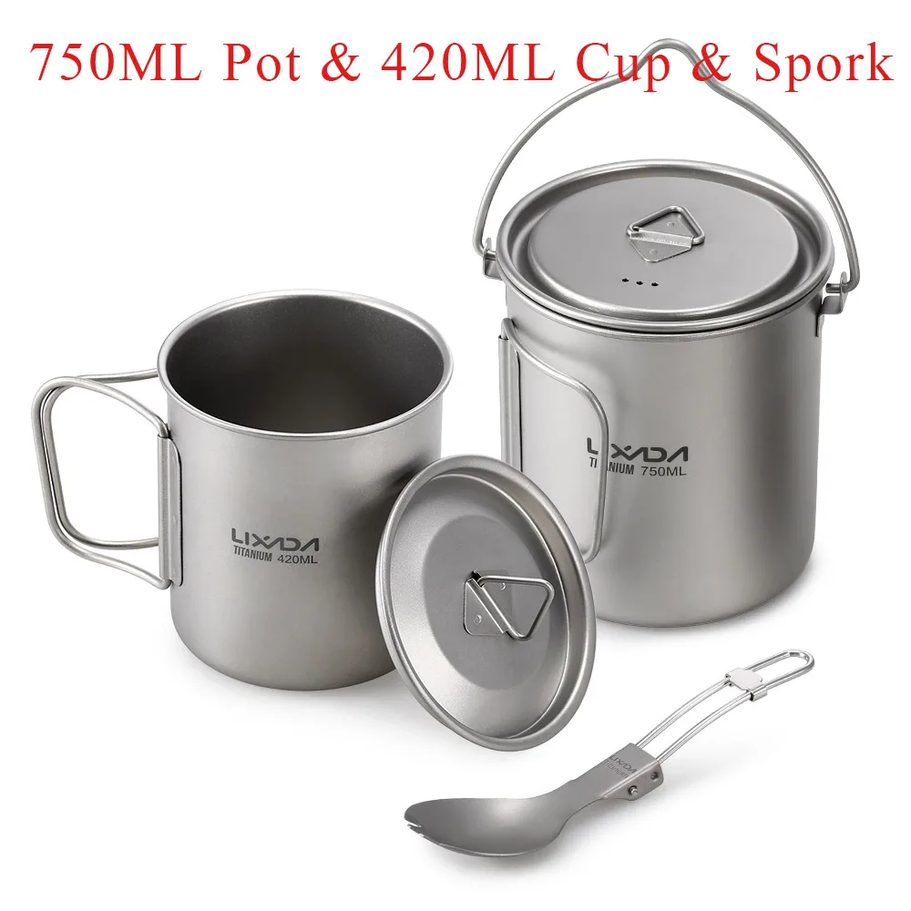 750ml pot 420ml cup 450/750 мл титановый горшок, чашка для кемпинга, чашка для воды, Кружка со спортивной складной ручкой, походная посуда, посуда для пикника - Цвет: 750ml pot 420ml cup