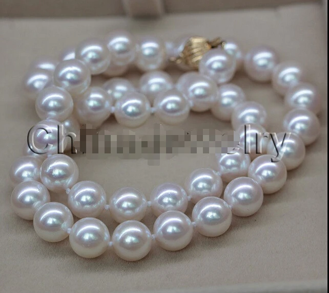 

HOT## Wholesale AAA18" 9mm natural white perfect round seawater akoya pearl necklace - gold