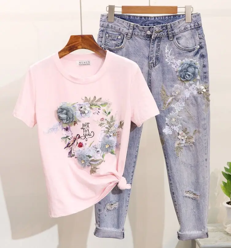 Pink Set Amolapha для женщин тяжелая работа 3D цветок печатных хлопок футболки+ джинсы 2 шт. комплекты одежды костюмы - Цвет: Pink Set