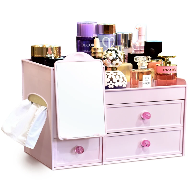 

Drawer Type Cosmetic Storage Box Plastic Desktop Sorting Box With Mirror