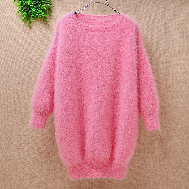 Ladies women medium long genuine mink cashmere o-neck loose fluffy angora rabbit fur hand knitted pullover sweater dress | Женская