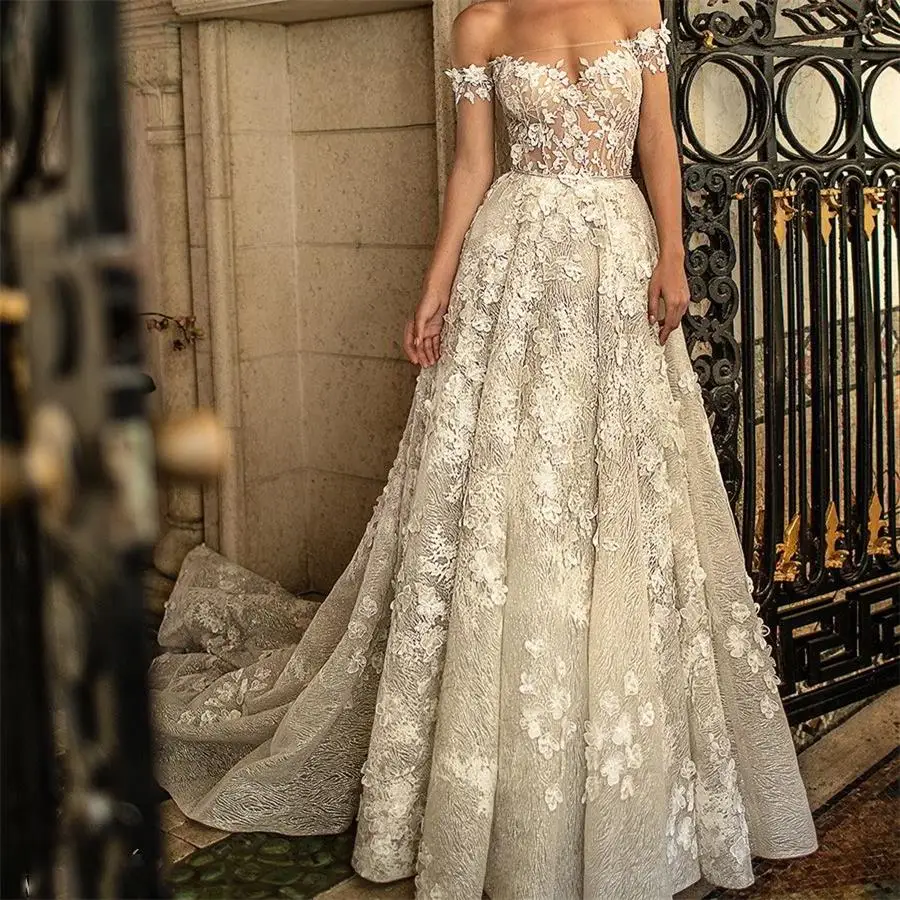 same as picture Сексуальное свадебное платье с открытой спиной и открытыми плечами, Кружевная аппликация, пляжные свадебные платья с коротким шлейфом, Vestido De Novia - Цвет: same as picture