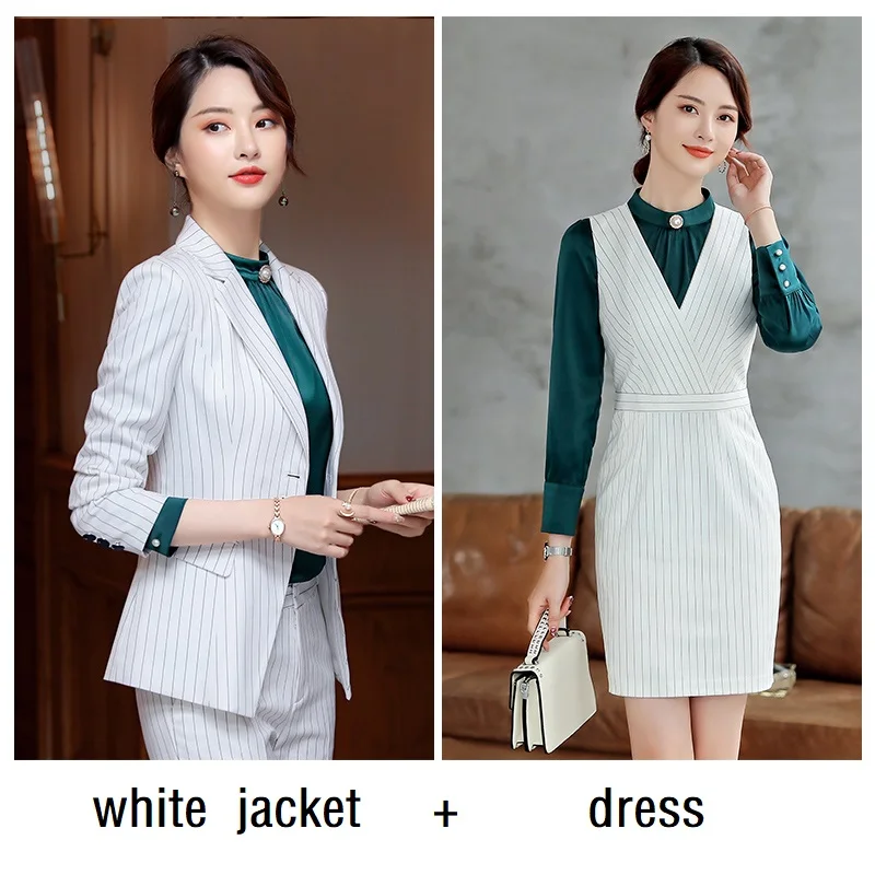 white jacket dress Женские костюмы, приталенный пиджак в полоску с длинным рукавом, платье, комплект из 2 предметов, OL, официальные женские платья, костюмы, женский комплект, костюмы 871 - Цвет: white jacket dress