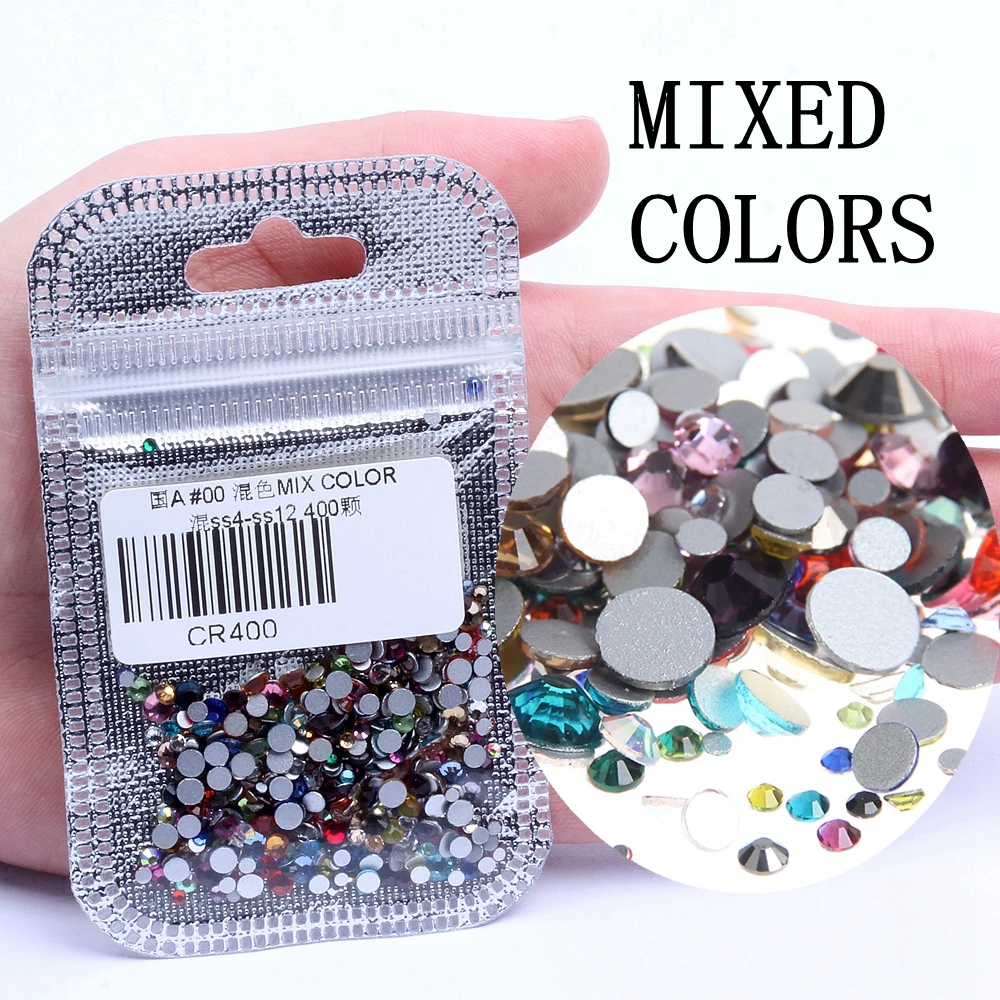 00 MIXED COLORS 400 шт, 60 цветов, разные размеры, ss4-ss12, для дизайна ногтей, не горячей фиксации, хрустальные стразы, сделай сам, плоские с оборота, 3D стеклянные украшения для ногтей, стразы - Цвет: 00 MIXED COLORS