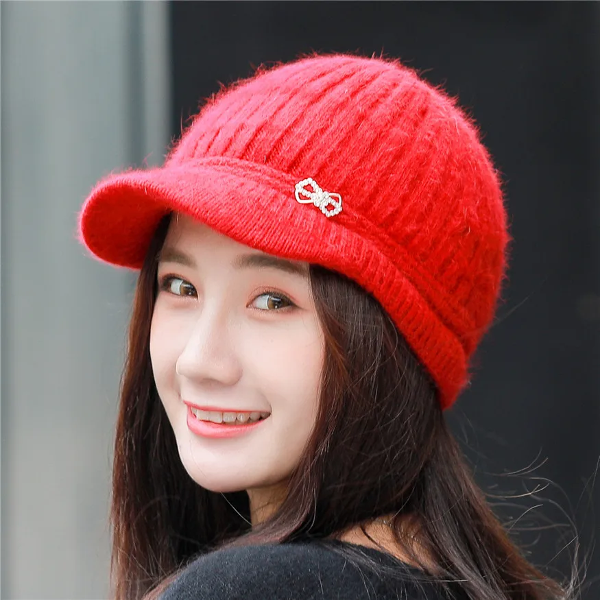 

Newly Winter Knitted Cap Hats For Women Short Brim Baseball Cap Solid Color Knitted Lady Cap