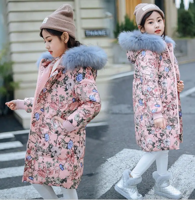 Model 2 Pink Зимние куртки-пуховики на утином пуху для девочек; детская длинная куртка с большим меховым капюшоном; детская утепленная верхняя одежда; пальто - Цвет: Model 2 Pink