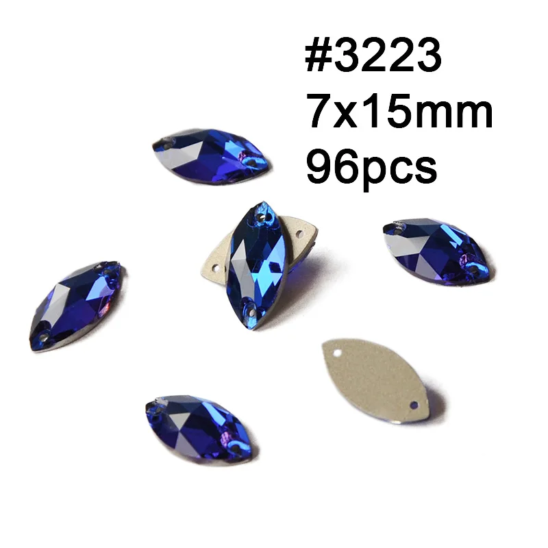Navette 7X15mm 96pcs Разные размеры Форма Стразы 243 голубое стекло Швейные Кристаллы с плоской задней частью 2 отверстия Свободные Стразы шьют на Стразы для женского платья - Цвет: Navette 7X15mm 96pcs
