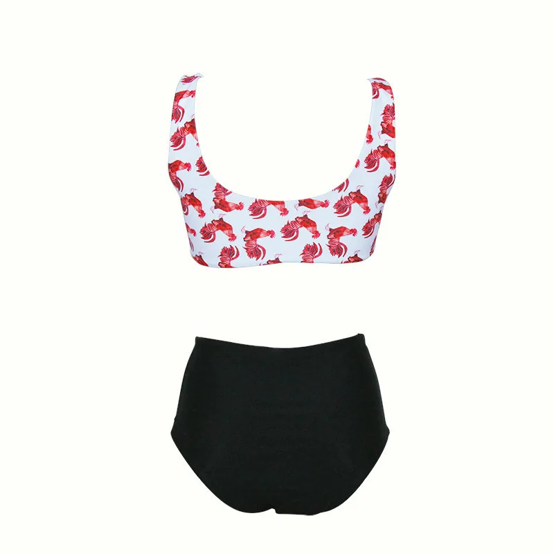 Print Red Cock Bikini Black Bottom High Waist Swimsuit 2019 New Swimwear Beach Biquini Tankini Knot Bathing Suit |
