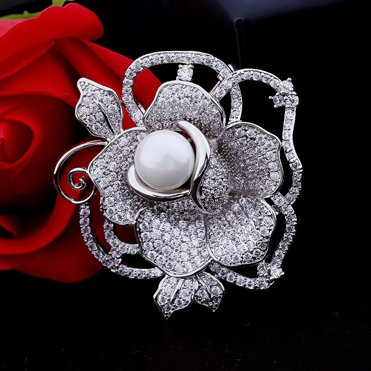 Роскошная свадебная брошь с фианитом жемчугом и розовым цветком булавки для