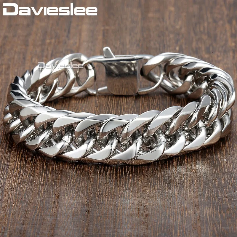 Мужской браслет Davieslee 15 мм серебряного цвета панцирная кубинская ссылка 316L из