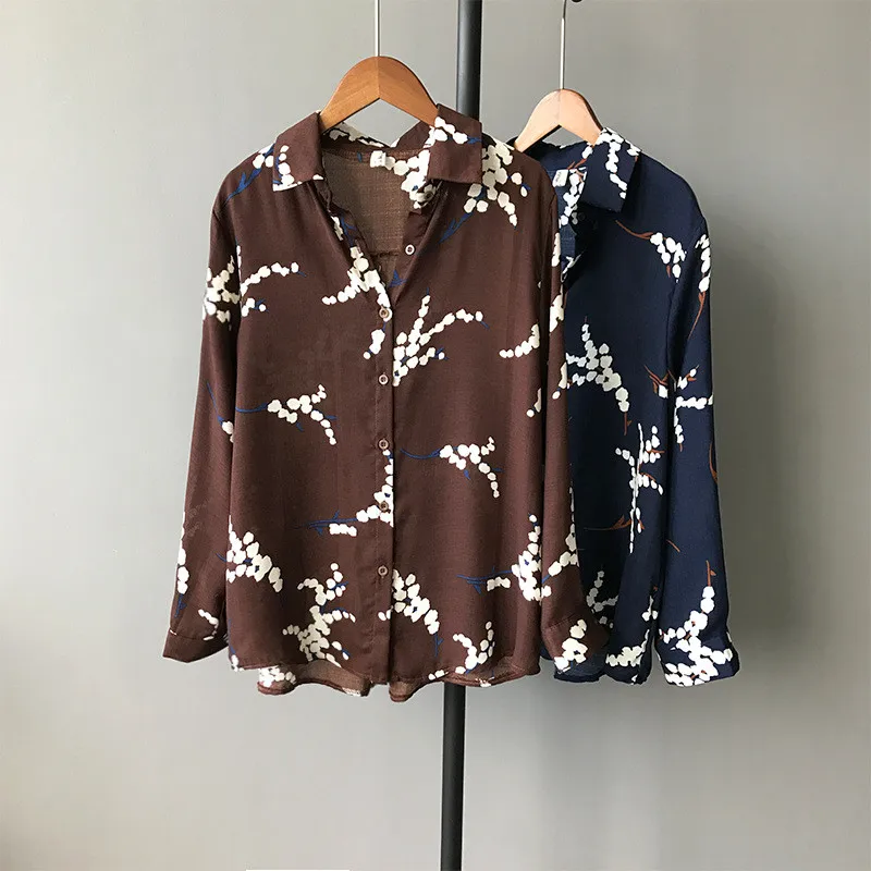 Винтажная летняя и осенняя женская блузка 2018 свободная Тонкая с ретро принтом