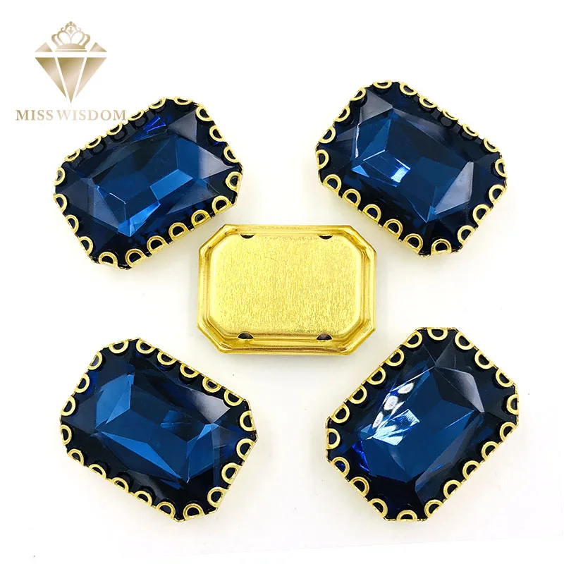 

NEW 8X10/10X14/13x18mm sew on rhinestones Ink blue Rectangle gold base lacy shape claw glass crystal rhinestones Diy accessories