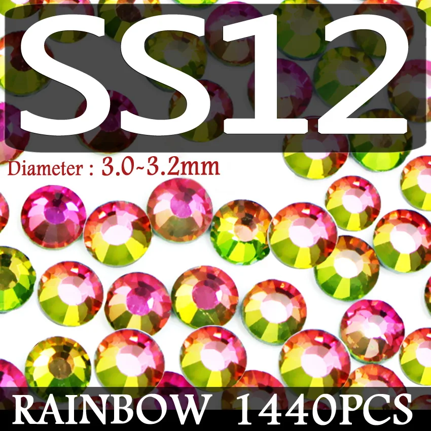 Радужные смешанные размеры SS3-SS10 SS4-SS30 Стразы дизайн ногтей не горячей фиксации Кристаллы Блестки страз наклейки для маникюра Искусство Декор - Цвет: SS12 1440PCS
