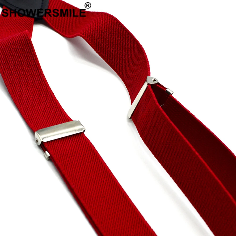 SHOWERSMILE Red Suspenders Men Classic Pants Strap Y Back 120cm Casual Retro Trouser Braces 4 Clips Elastic Male Suspender Belt
