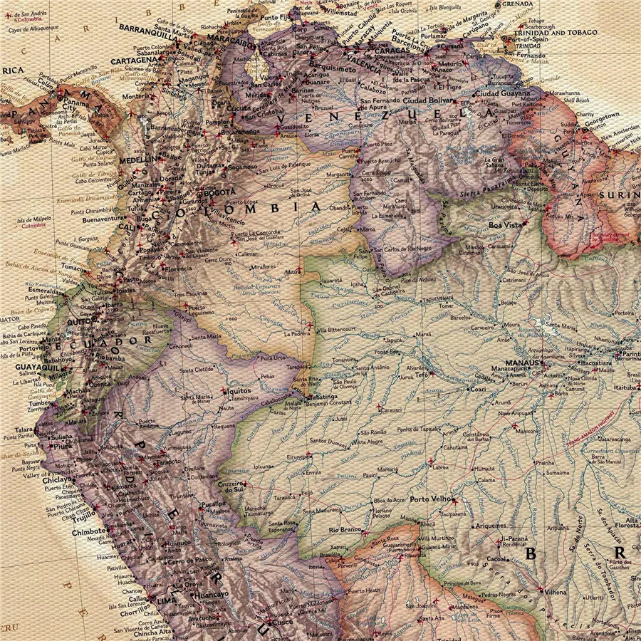 Античный вид Южная Америка карта четкие линии изысканный дизайн Geographic холст стены стикеры домашний декор кафе бар Паб Печать плакат