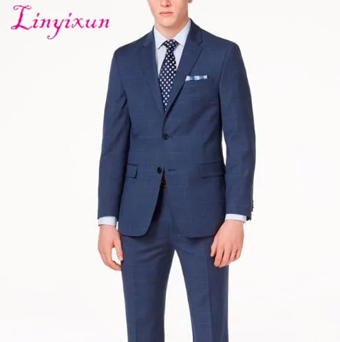 Темно синий Glen Check мужской костюм на заказ Slim Fit клетчатый из двух предметов