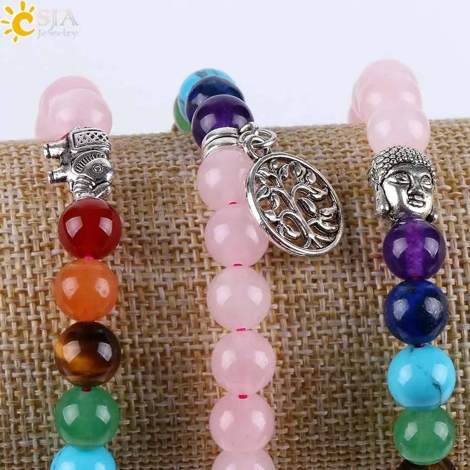 CSJA 7 Чакра женские браслеты и натуральный кристалл розы бусина Мала Дерево Будда