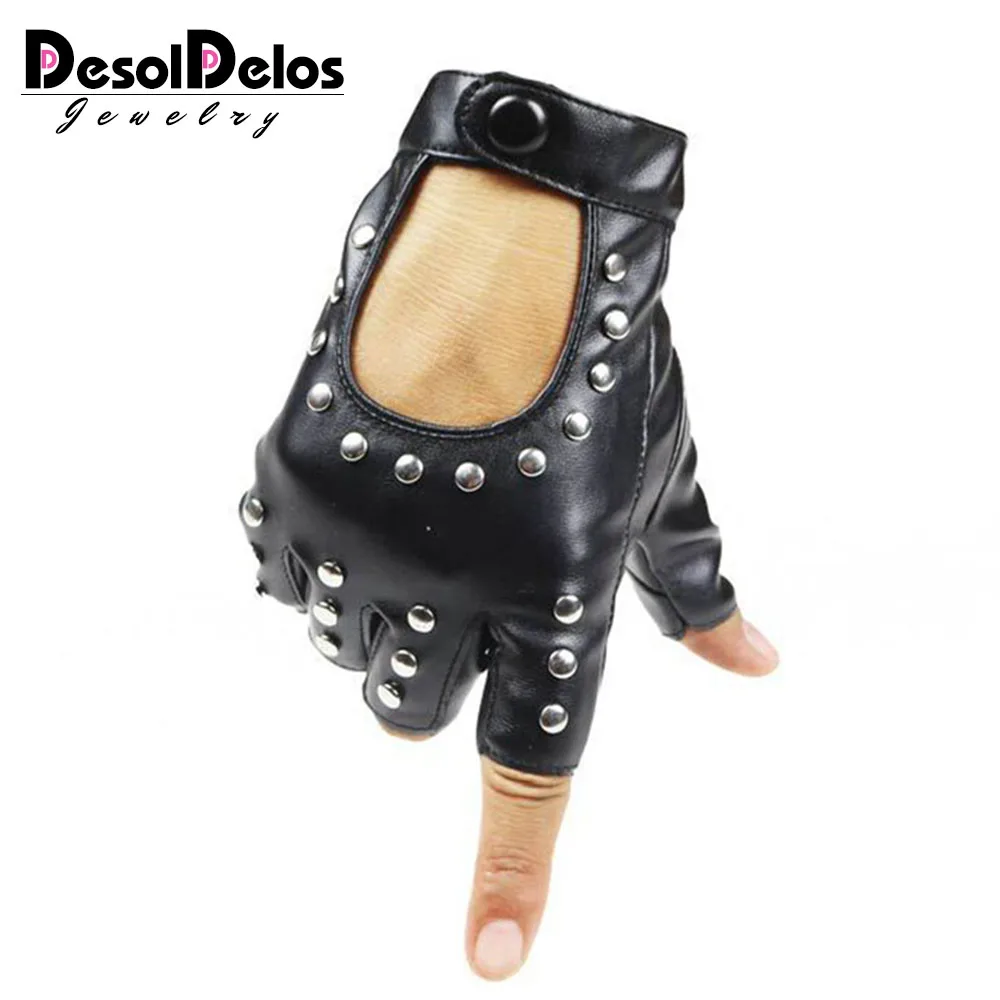 

DesolDelos Women PU Leather Gloves Semi-Finger Mens Rivet Belt Gloves Sexy Cutout Fingerless R007