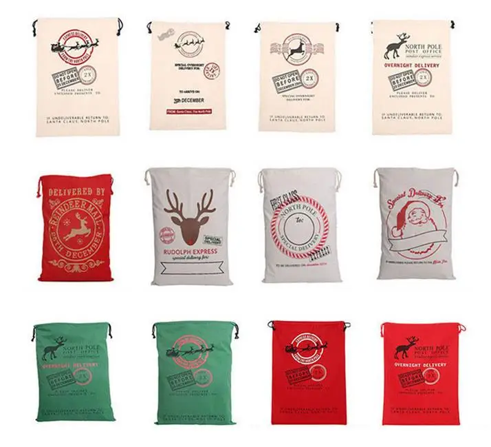 

Wholesale Christmas gift bags 50pcs/lot 100% cotton 50*70cm Canvas Santa Sack elk Santa Claus Drawstring Large Rope storage bags