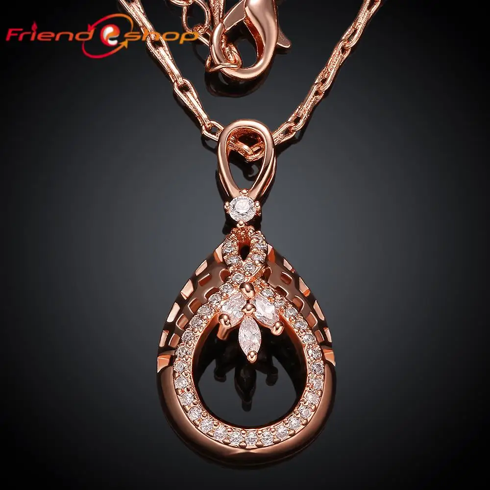 KN007 Настоящее Роуз Позолоченные Ожерелье Выдолбленные Каплевидные CZ Огранка