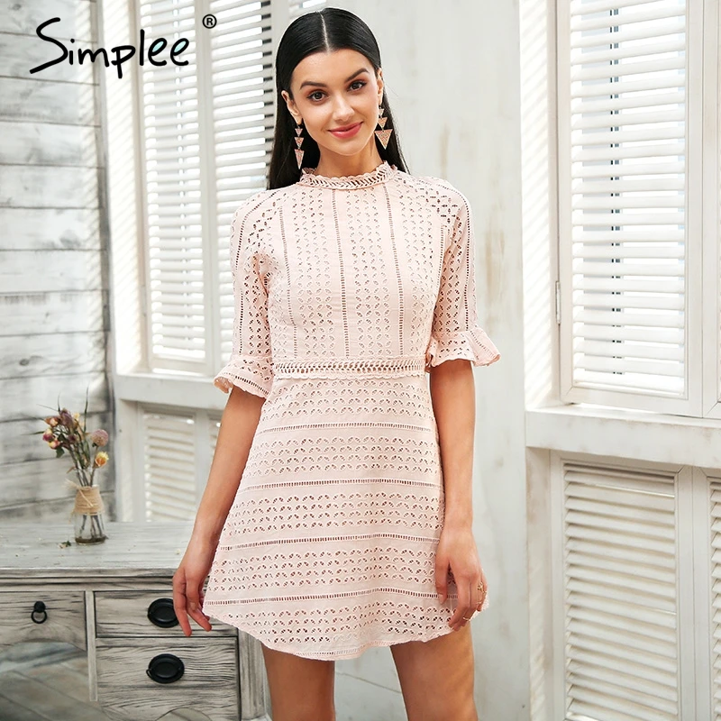 Simplee хлопок выдалбливают кружевное платье для женщин Элегантный рюшами миди
