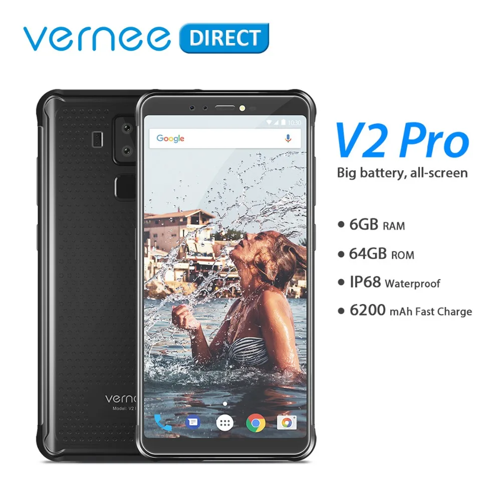Глобальная версия Vernee V2 Pro IP68 водонепроницаемый прочный мобильный телефон Android 8,1 6 ГБ ОЗУ 64 Гб ПЗУ NFC сотовый телефон 6,0 дюймов 6200 мАч