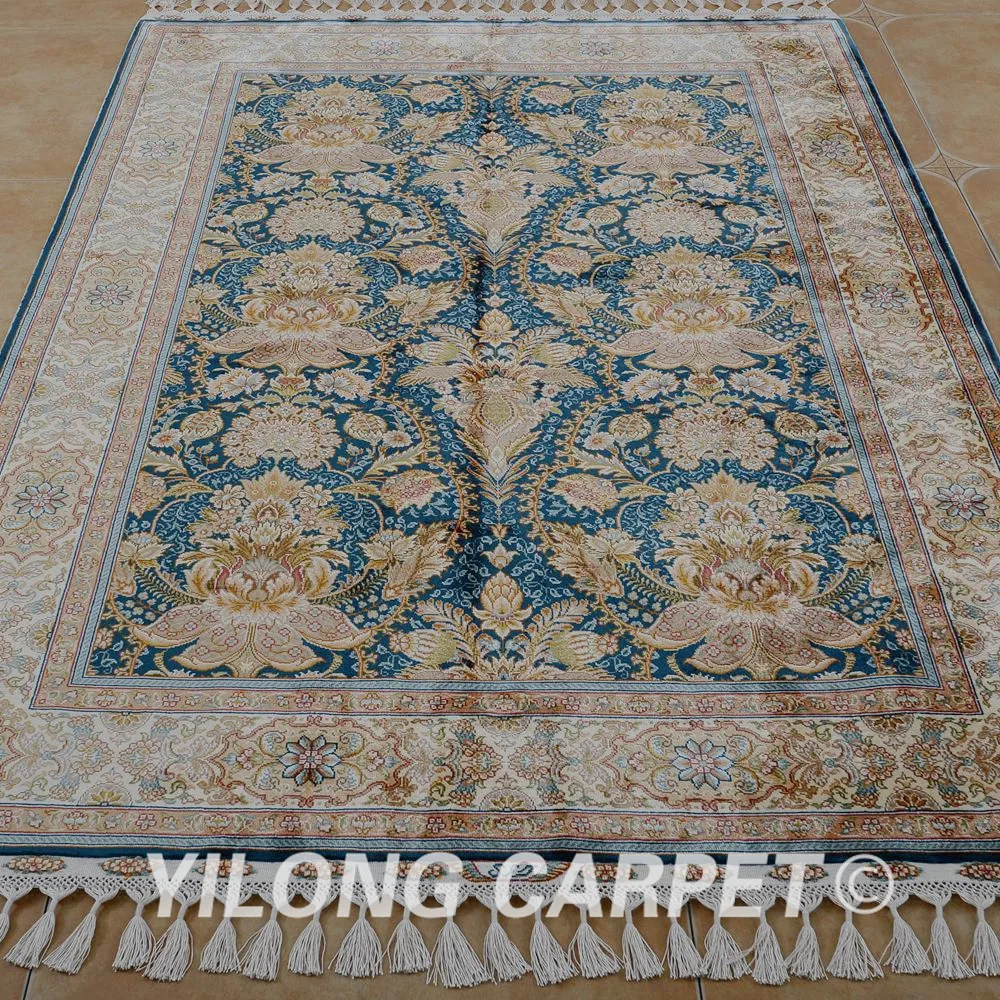 Yilong 4.6'x6.6' Hereke silk carpet blue handmade exquisite hand knotted Turkish rug (1794) | Дом и сад