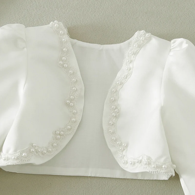 Болеро с длинным рукавом украшенное бисером для девочек 2-10 лет свадебный пиджак